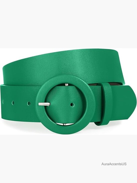 Wide PU Leather Belt with Round Buckle for Jeans & Dresses